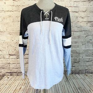PINK Victoria’s Secret Blue Gray Henley Long Sleeve Collegiate Terry Striped XS